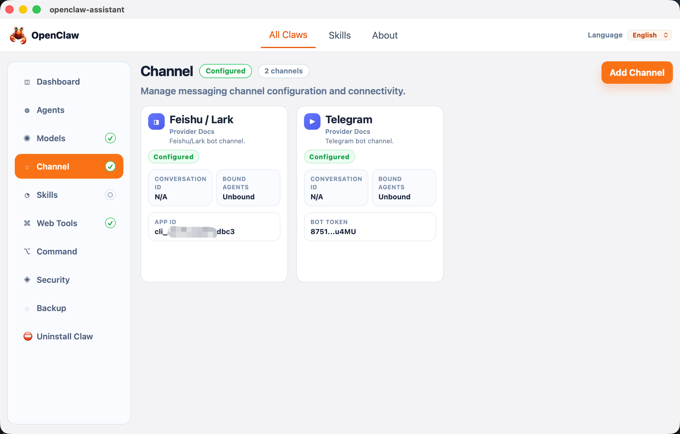 Visual setup for channels and providers